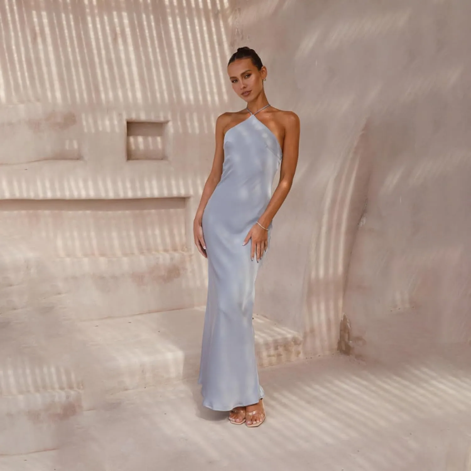 Women's Satin Bodycon Maxi Dress Elegant Formal Spaghetti Strap Backless Cocktail Dresses Wedding Guest