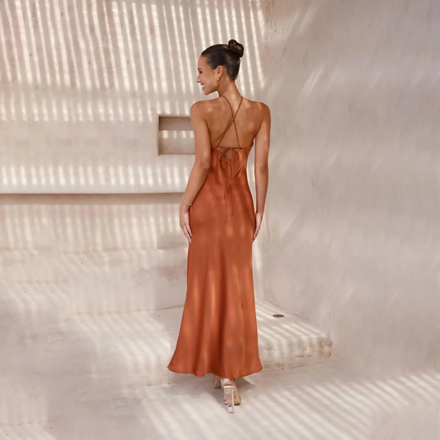 Women's Satin Bodycon Maxi Dress Elegant Formal Spaghetti Strap Backless Cocktail Dresses Wedding Guest