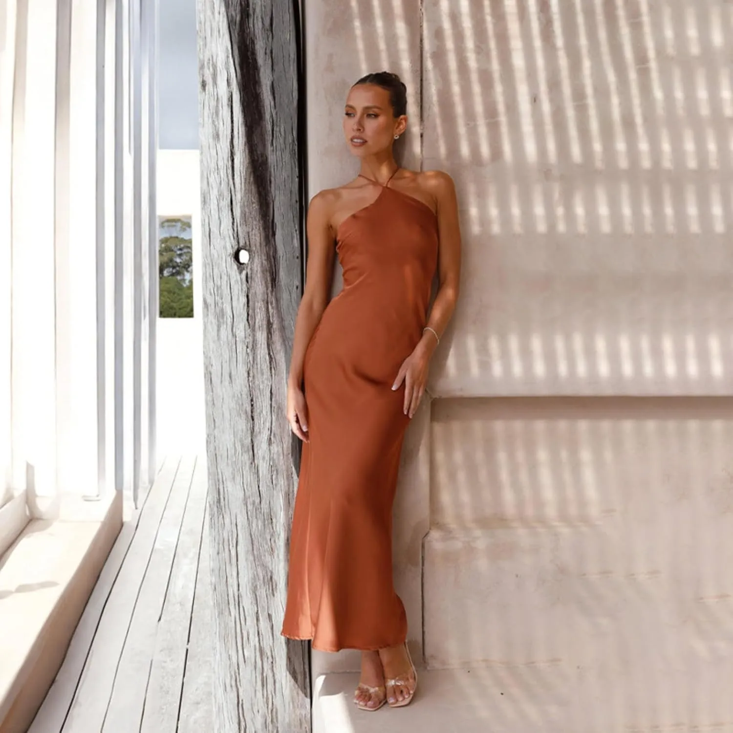 Women's Satin Bodycon Maxi Dress Elegant Formal Spaghetti Strap Backless Cocktail Dresses Wedding Guest