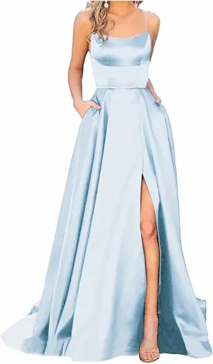 Women's Satin Dresses Long Ball Gown with Slit Backless Spaghetti Straps Formal Evening Dress for Wedding