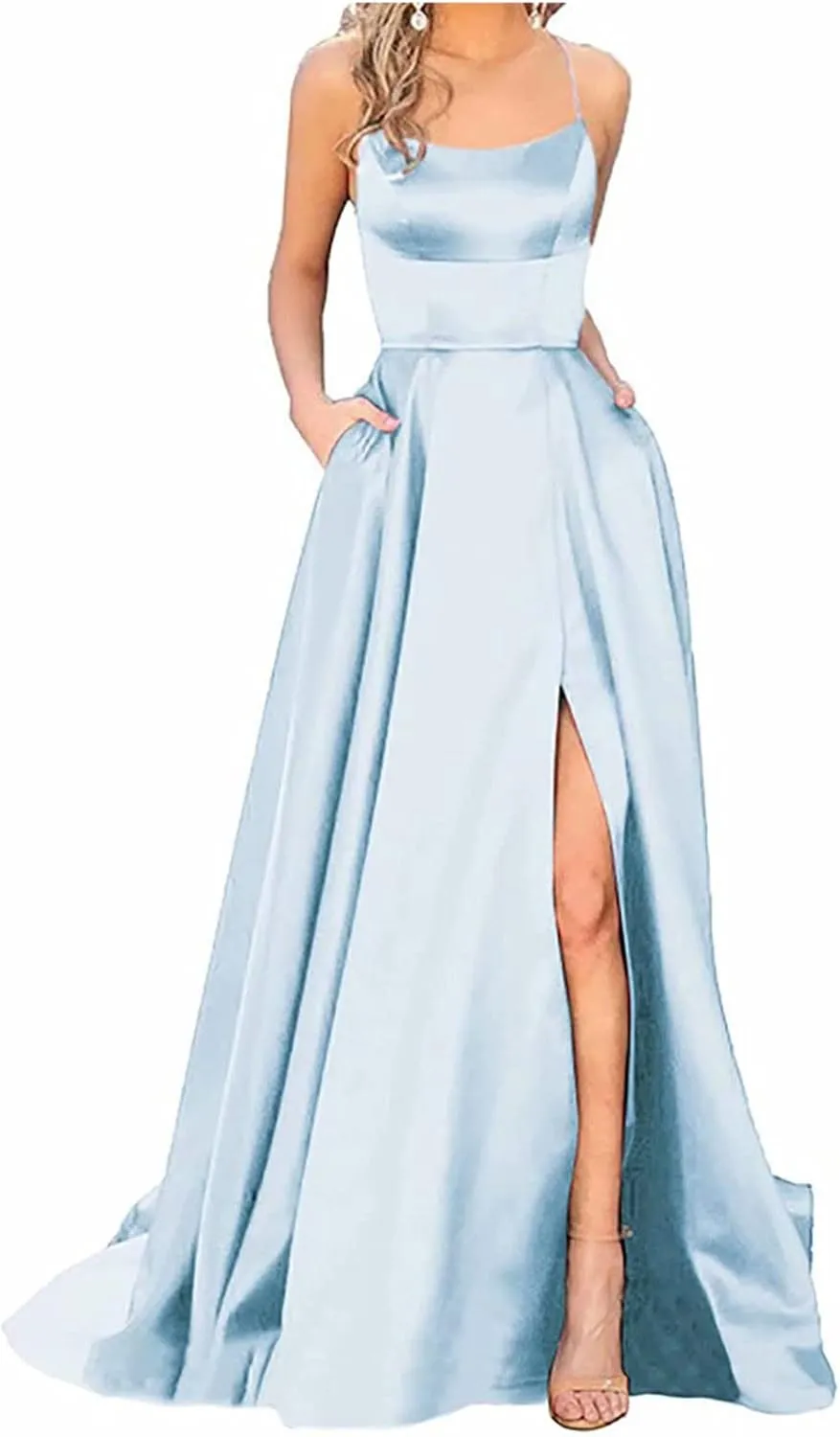 Women's Satin Dresses Long Ball Gown with Slit Backless Spaghetti Straps Formal Evening Dress for Wedding