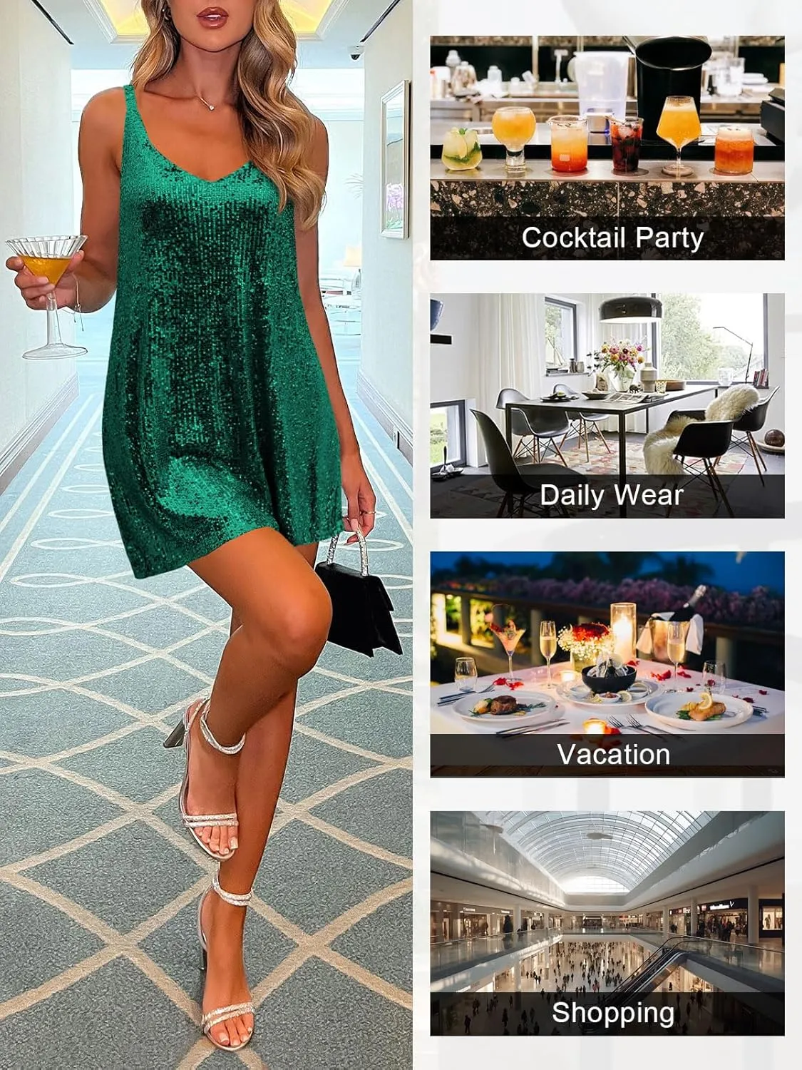 Women's Sequin Dress for Women Sparkly Glitter V Neck Shift Cocktail Disco Outfit Party Club Night Out Mini Dresses