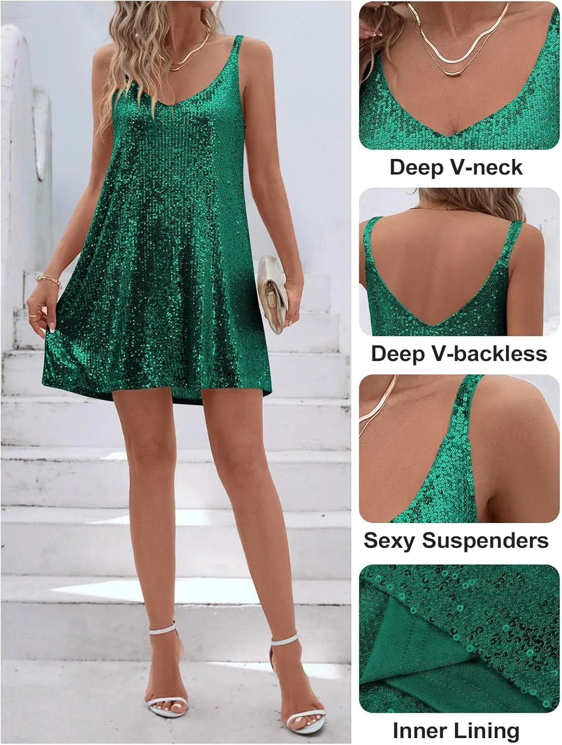 Women's Sequin Dress for Women Sparkly Glitter V Neck Shift Cocktail Disco Outfit Party Club Night Out Mini Dresses