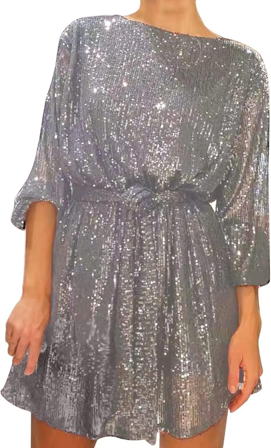 Women's Sequin Saprkly Mini Dress Long Sleeve Homecoming Boat Neck Bodycon Dress Party Prom Cocktail Glitter Dress
