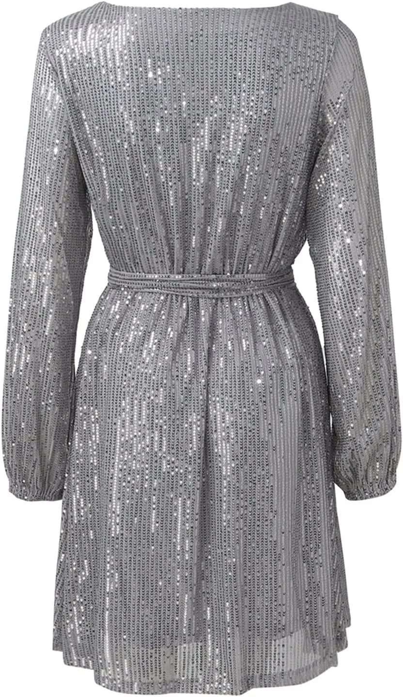 Women's Sequin Saprkly Mini Dress Long Sleeve Homecoming Boat Neck Bodycon Dress Party Prom Cocktail Glitter Dress