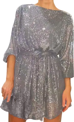 Women's Sequin Saprkly Mini Dress Long Sleeve Homecoming Boat Neck Bodycon Dress Party Prom Cocktail Glitter Dress