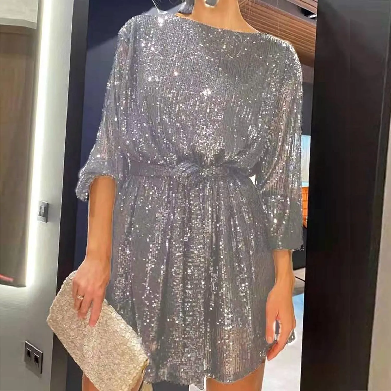 Women's Sequin Saprkly Mini Dress Long Sleeve Homecoming Boat Neck Bodycon Dress Party Prom Cocktail Glitter Dress