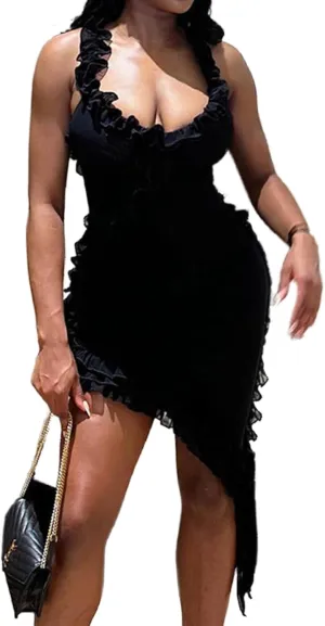 Womens Sexy Mesh Ruffle Mini Dress Halter V Neck Backless Bodycon Cocktail Party Short Tank Dresses