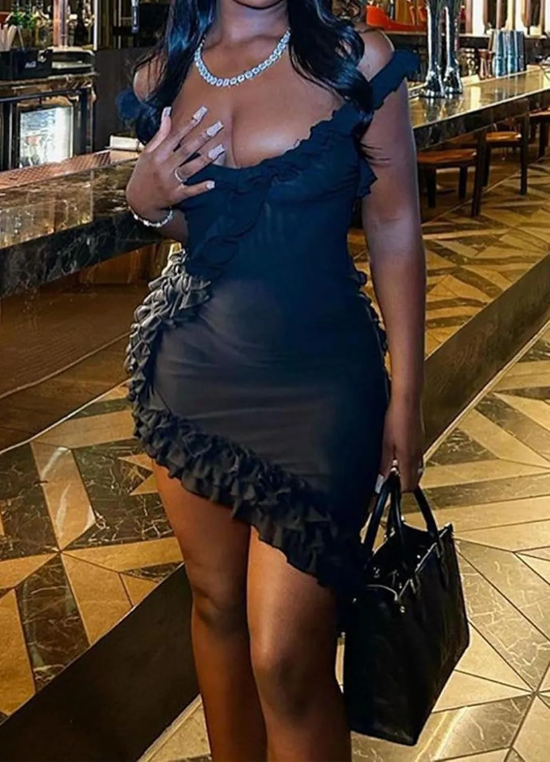 Womens Sexy Mesh Ruffle Mini Dress Halter V Neck Backless Bodycon Cocktail Party Short Tank Dresses