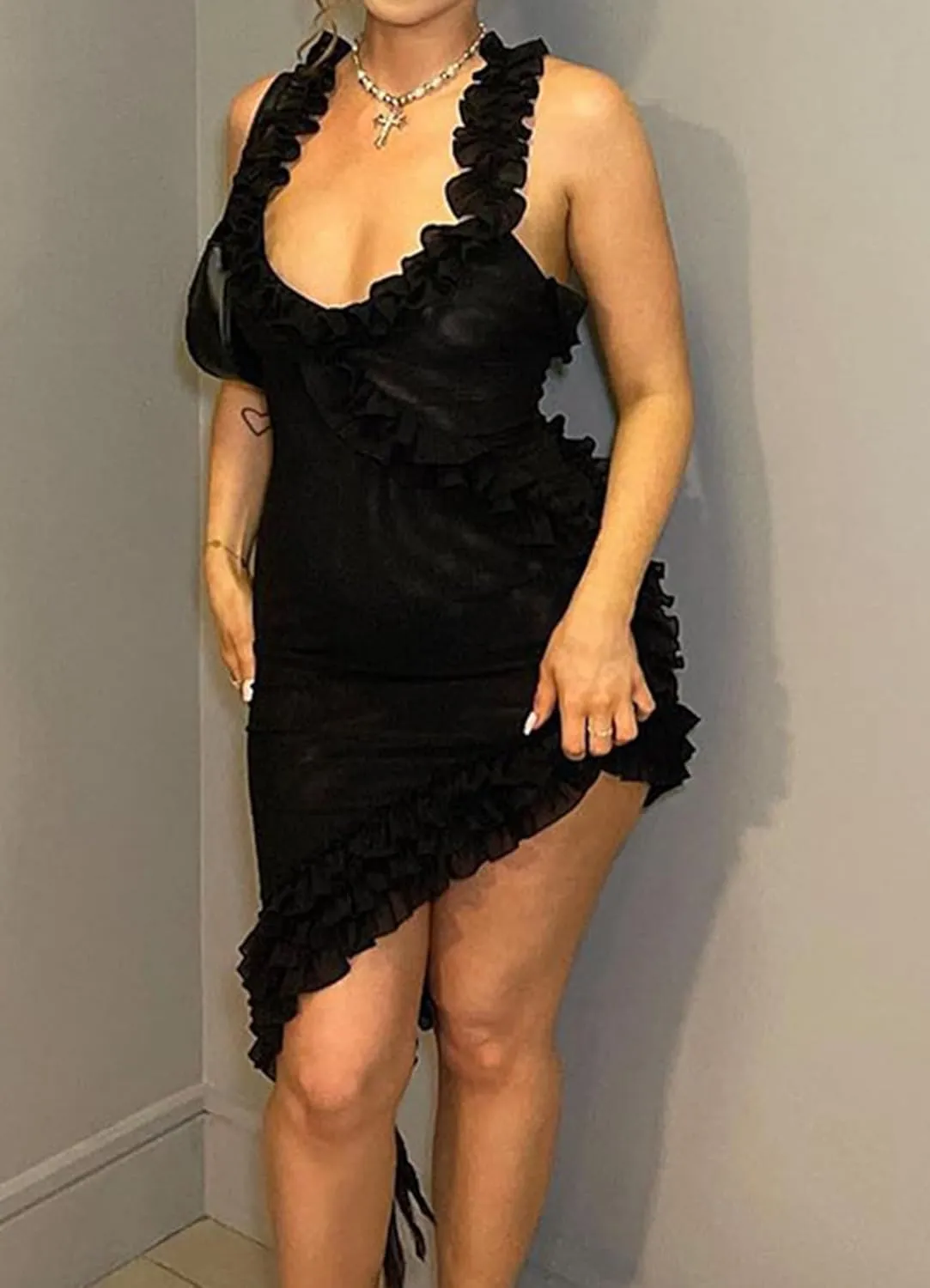Womens Sexy Mesh Ruffle Mini Dress Halter V Neck Backless Bodycon Cocktail Party Short Tank Dresses