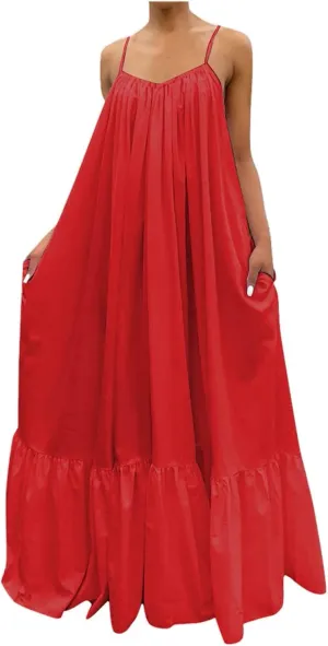 Womens Sexy Sleeveless Spaghetti Strap Dress Ruched Ruffle Hem Beach Sundress Loose Long Boho Maxi Swing Dresses