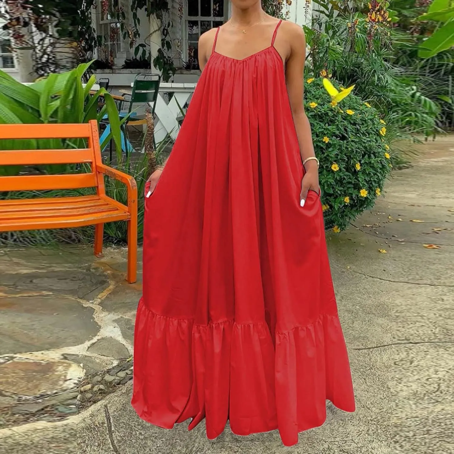 Womens Sexy Sleeveless Spaghetti Strap Dress Ruched Ruffle Hem Beach Sundress Loose Long Boho Maxi Swing Dresses