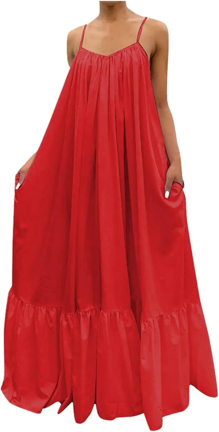 Womens Sexy Sleeveless Spaghetti Strap Dress Ruched Ruffle Hem Beach Sundress Loose Long Boho Maxi Swing Dresses