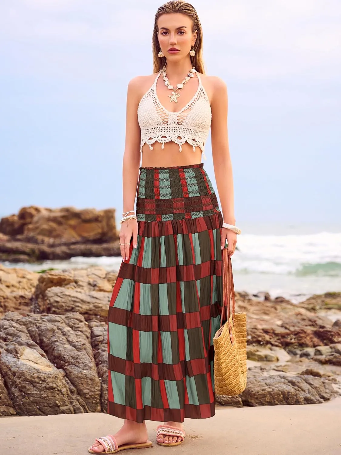 Women's Smocked Floral Maxi Skirts 2025 Summer Tube Dresses Flowy Boho Long A line Pleated Beach Skirt