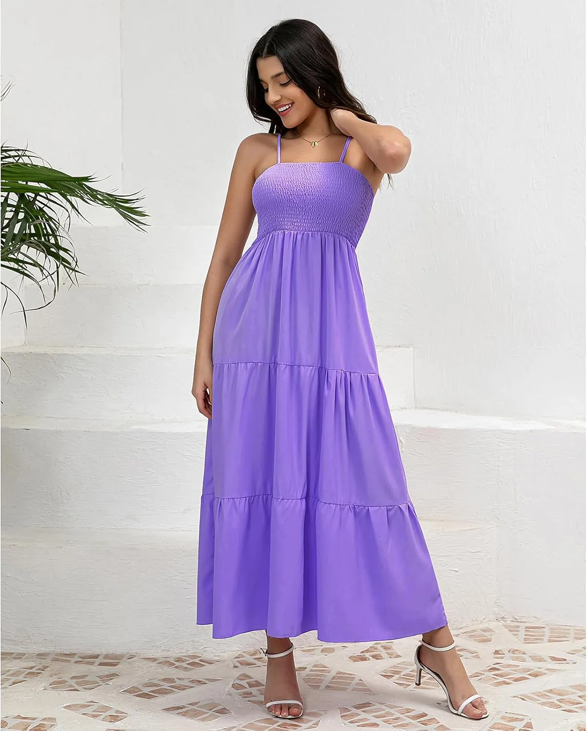 Women's Solid Maxi Dress Summer Boho Sleeveless Spaghetti Strap Long A line Beach Sun Dresses