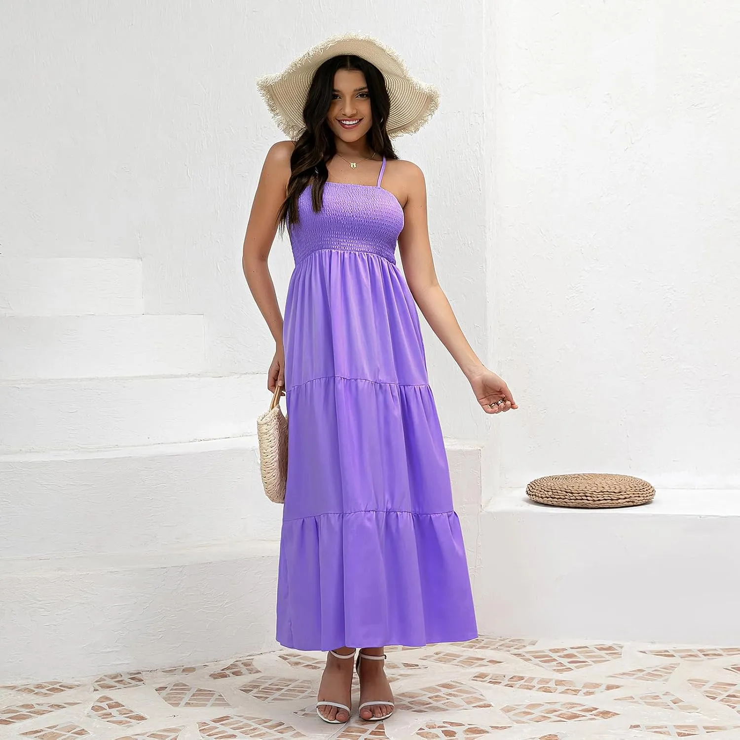 Women's Solid Maxi Dress Summer Boho Sleeveless Spaghetti Strap Long A line Beach Sun Dresses