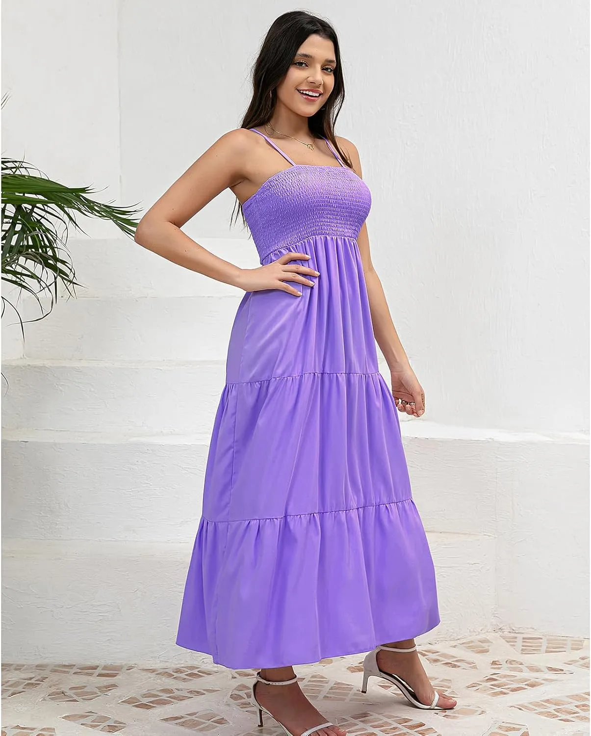 Women's Solid Maxi Dress Summer Boho Sleeveless Spaghetti Strap Long A line Beach Sun Dresses