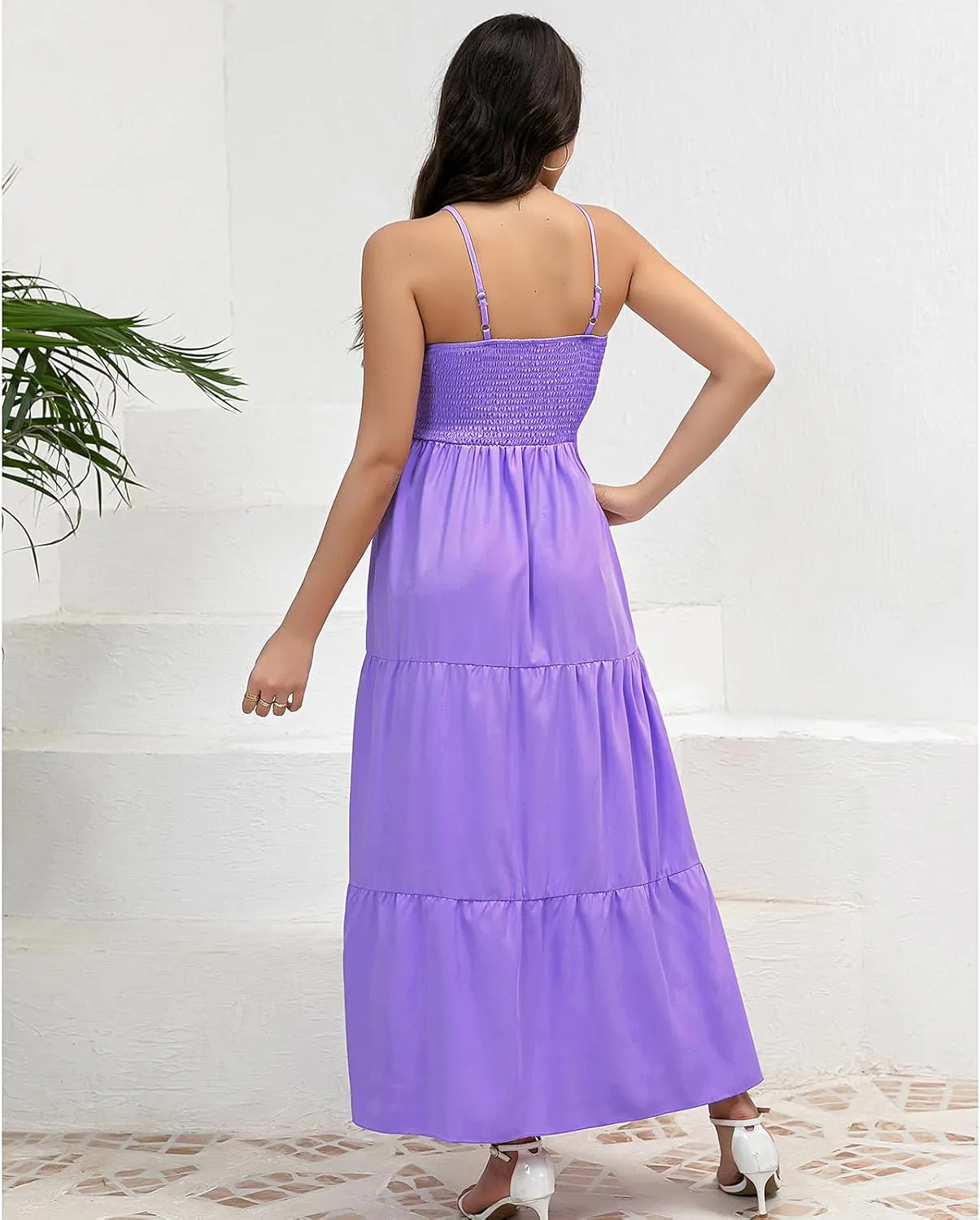 Women's Solid Maxi Dress Summer Boho Sleeveless Spaghetti Strap Long A line Beach Sun Dresses