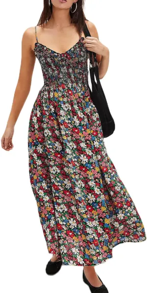Womens Spaghetti Strap Smocked Dress Maxi Flowy Sleeveless Dresses Boho V Neck Dresses Y2K Sexy Beach Sundresses