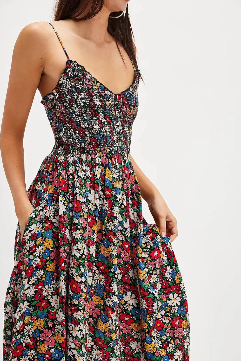 Womens Spaghetti Strap Smocked Dress Maxi Flowy Sleeveless Dresses Boho V Neck Dresses Y2K Sexy Beach Sundresses