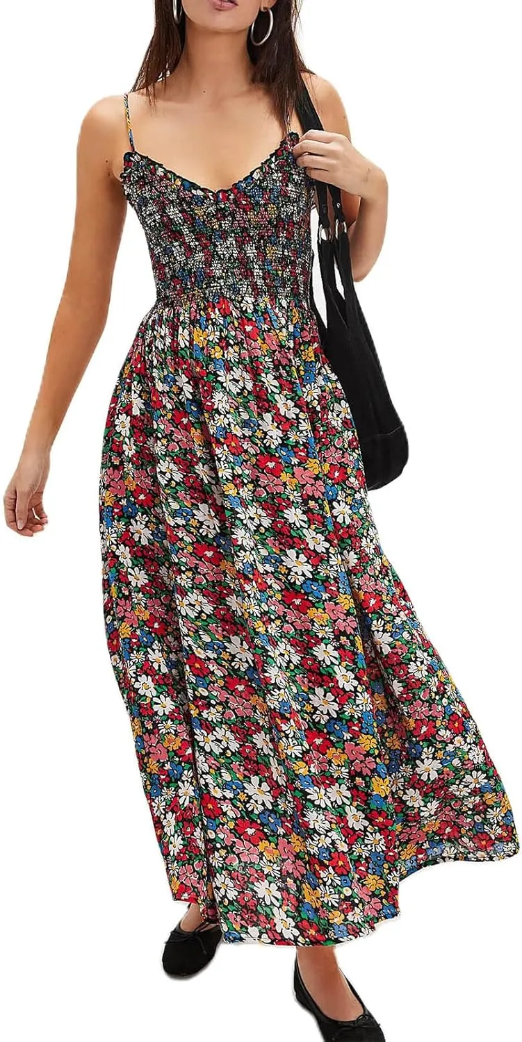 Womens Spaghetti Strap Smocked Dress Maxi Flowy Sleeveless Dresses Boho V Neck Dresses Y2K Sexy Beach Sundresses