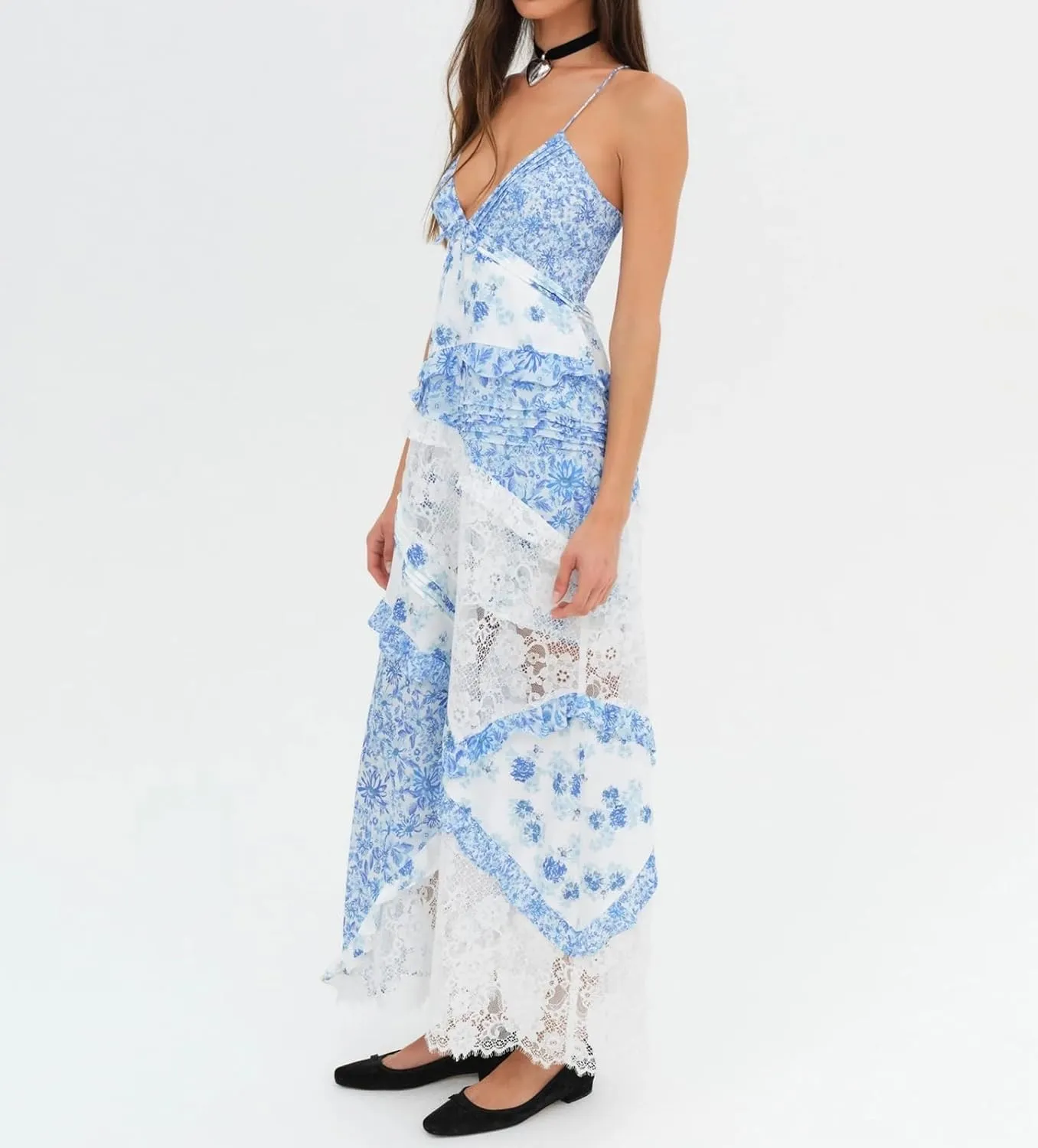 Womens Spaghetti Strap Smocked Dress Maxi Flowy Sleeveless Dresses Boho V Neck Dresses Y2K Sexy Beach Sundresses
