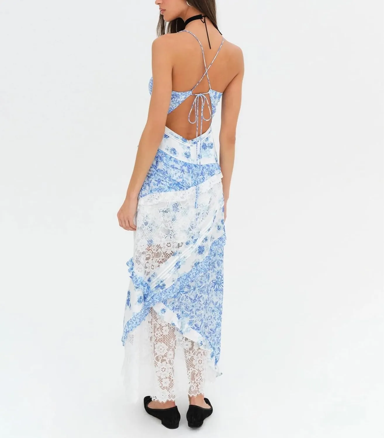 Womens Spaghetti Strap Smocked Dress Maxi Flowy Sleeveless Dresses Boho V Neck Dresses Y2K Sexy Beach Sundresses