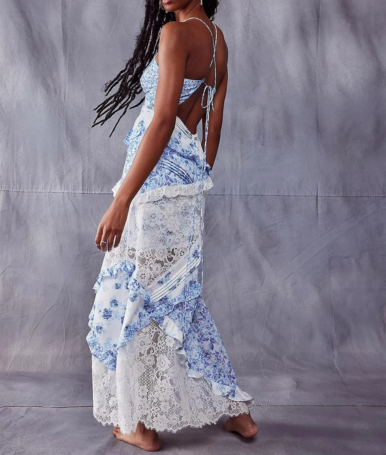 Womens Spaghetti Strap Smocked Dress Maxi Flowy Sleeveless Dresses Boho V Neck Dresses Y2K Sexy Beach Sundresses
