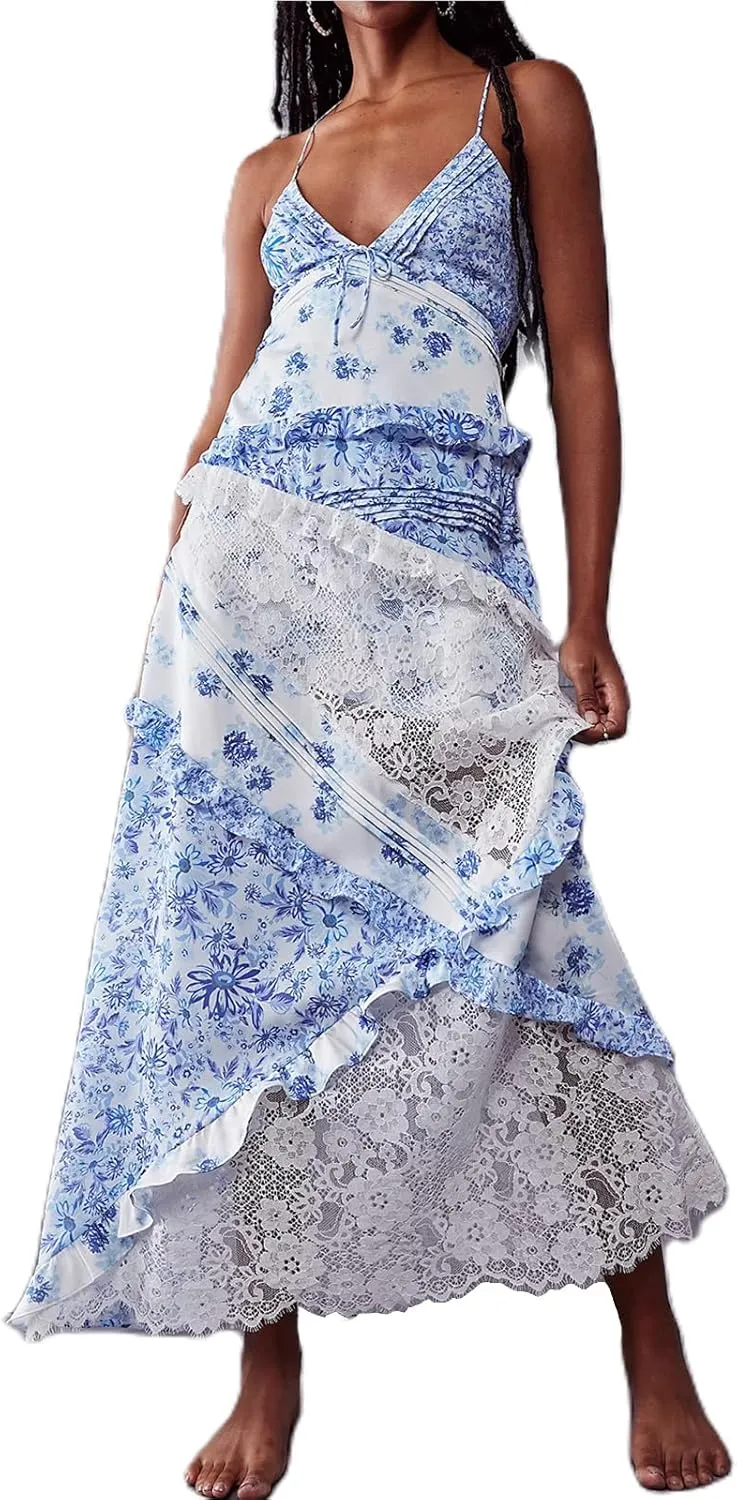 Womens Spaghetti Strap Smocked Dress Maxi Flowy Sleeveless Dresses Boho V Neck Dresses Y2K Sexy Beach Sundresses