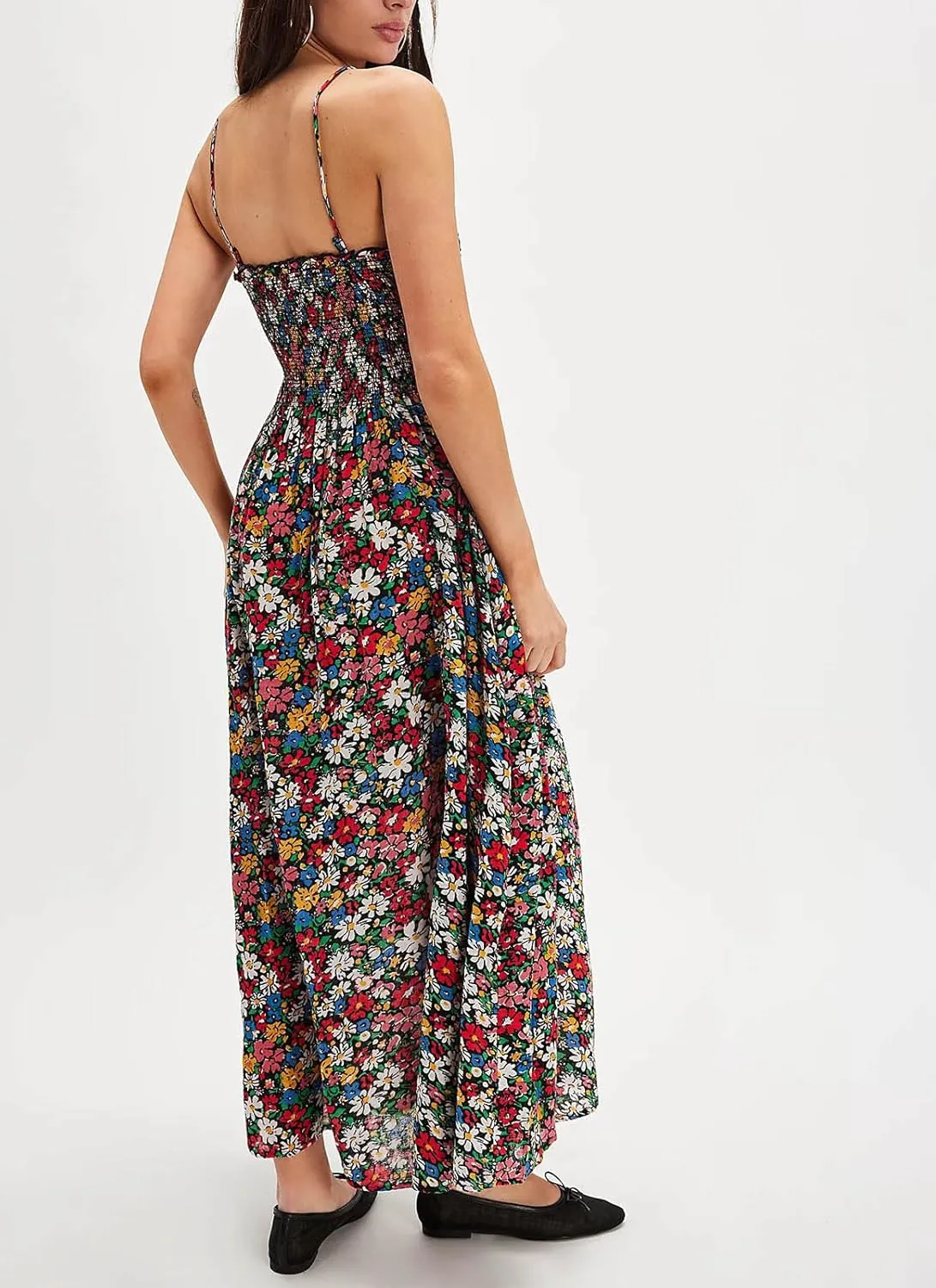 Womens Spaghetti Strap Smocked Dress Maxi Flowy Sleeveless Dresses Boho V Neck Dresses Y2K Sexy Beach Sundresses