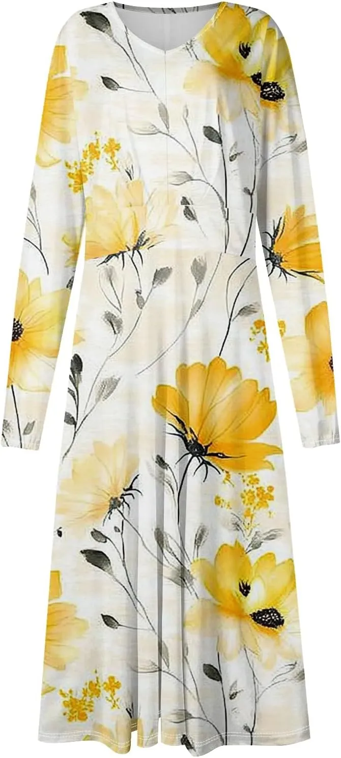 Women's Spring Beach Loose Long Sleeve Floral Print Dress Fashion V Neck Long Dresses