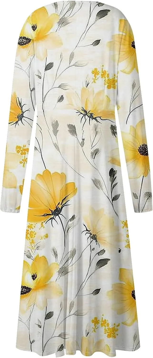Women's Spring Beach Loose Long Sleeve Floral Print Dress Fashion V Neck Long Dresses