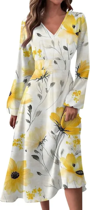 Women's Spring Beach Loose Long Sleeve Floral Print Dress Fashion V Neck Long Dresses