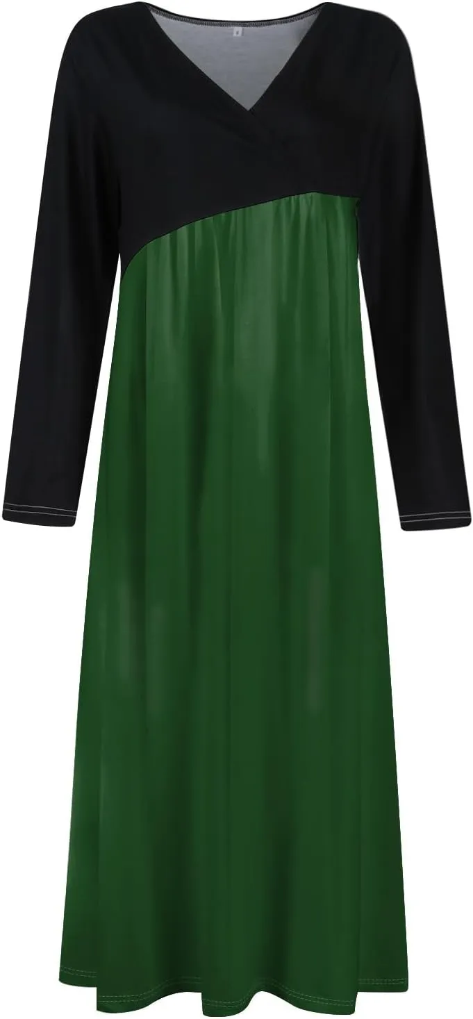 Womens Spring Dresses 2025 V Neck Midi Long Sleeve Modest Boho Flowy Vacation Cruise Western Dress
