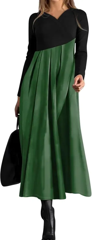 Womens Spring Dresses 2025 V Neck Midi Long Sleeve Modest Boho Flowy Vacation Cruise Western Dress