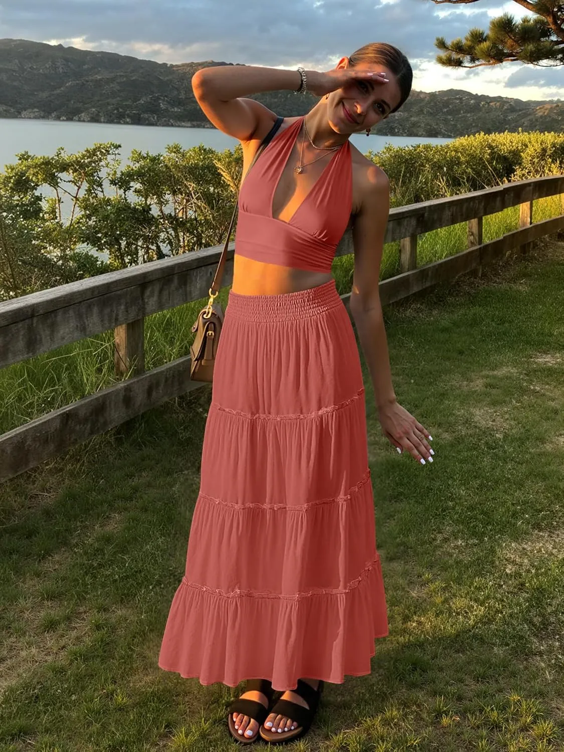 Womens Summer Boho Maxi Skirts Smocked High Wasited Flowy Tiered Ruffle A Line Long Beach Skirt