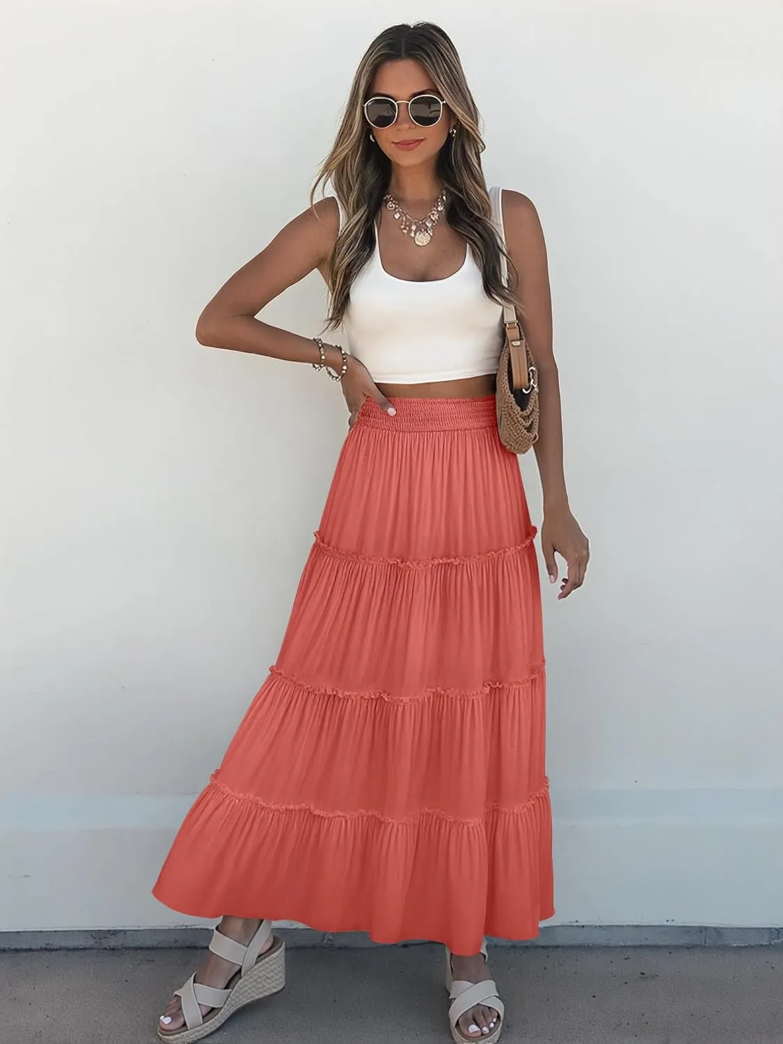 Womens Summer Boho Maxi Skirts Smocked High Wasited Flowy Tiered Ruffle A Line Long Beach Skirt
