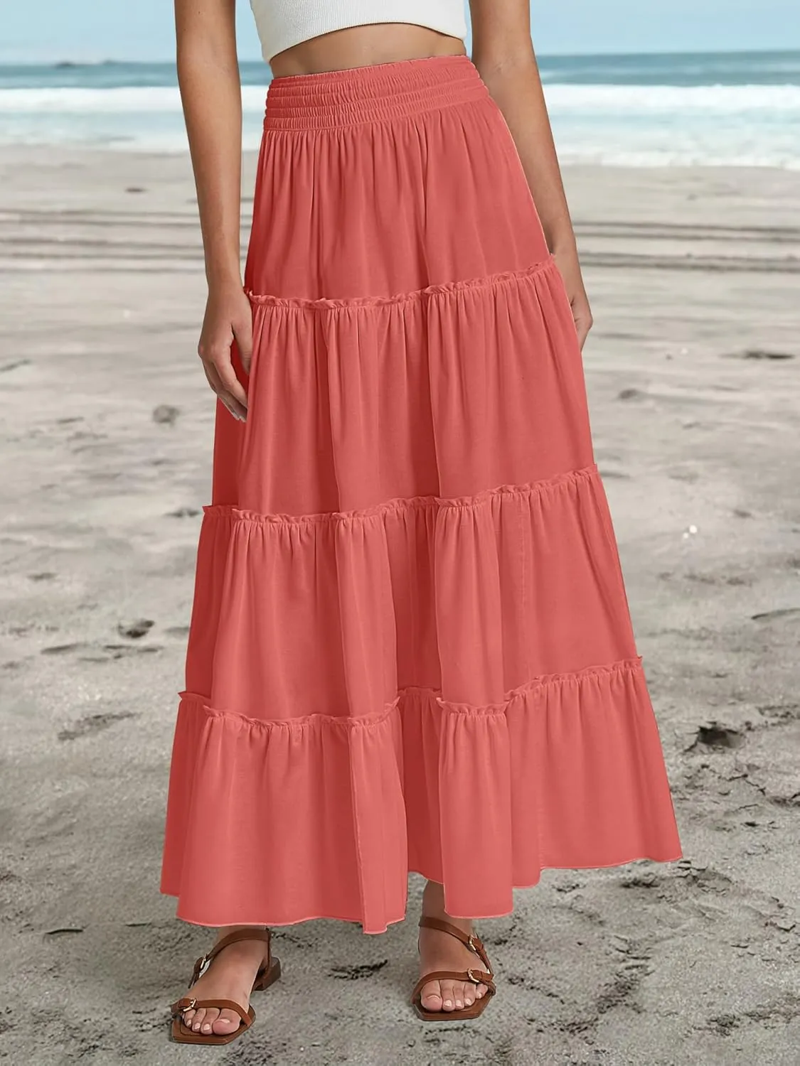 Womens Summer Boho Maxi Skirts Smocked High Wasited Flowy Tiered Ruffle A Line Long Beach Skirt