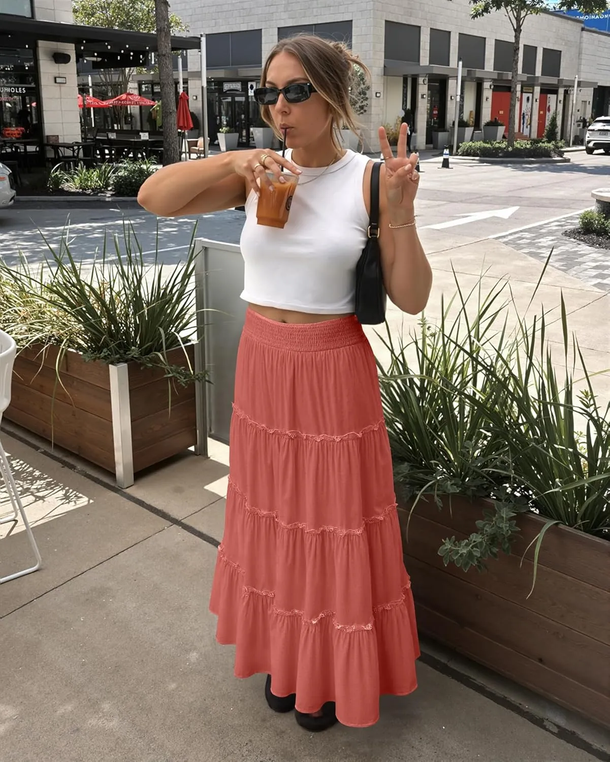 Womens Summer Boho Maxi Skirts Smocked High Wasited Flowy Tiered Ruffle A Line Long Beach Skirt