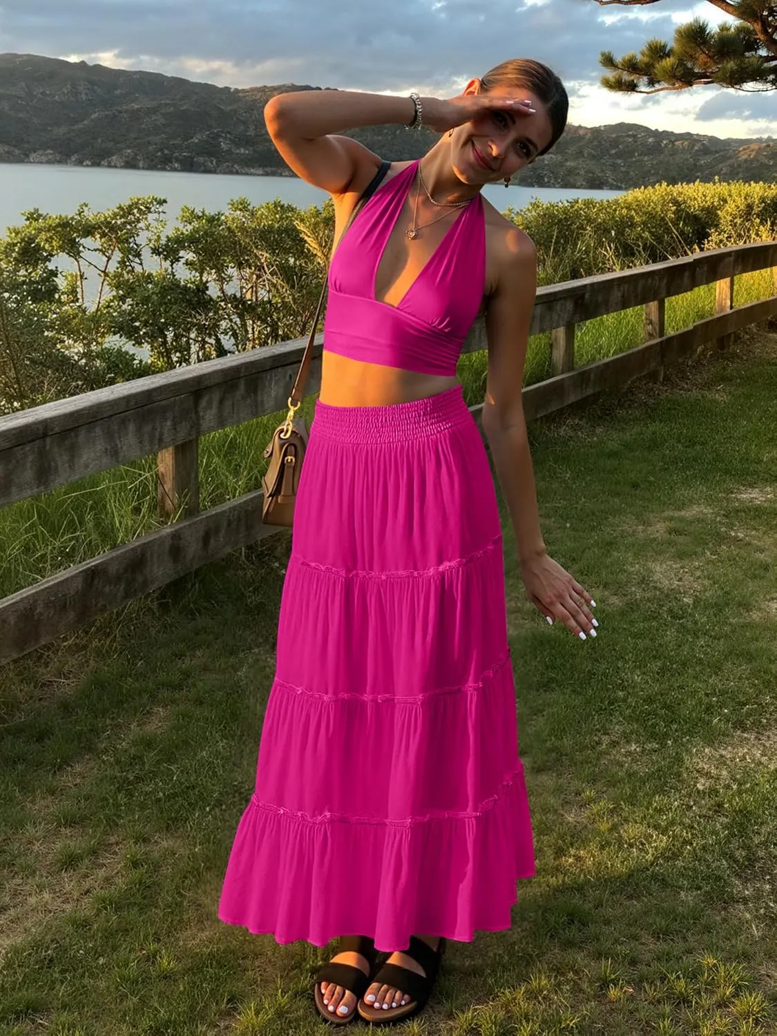 Womens Summer Boho Maxi Skirts Smocked High Wasited Flowy Tiered Ruffle A Line Long Beach Skirt