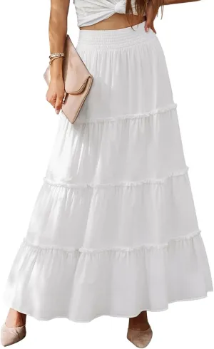 Womens Summer Boho Maxi Skirts Smocked High Wasited Flowy Tiered Ruffle A Line Long Beach Skirt