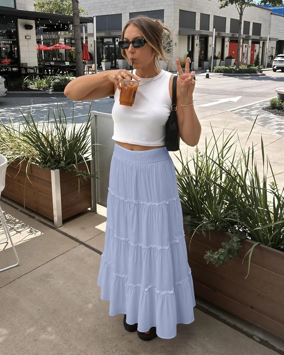 Womens Summer Boho Maxi Skirts Smocked High Wasited Flowy Tiered Ruffle A Line Long Beach Skirt