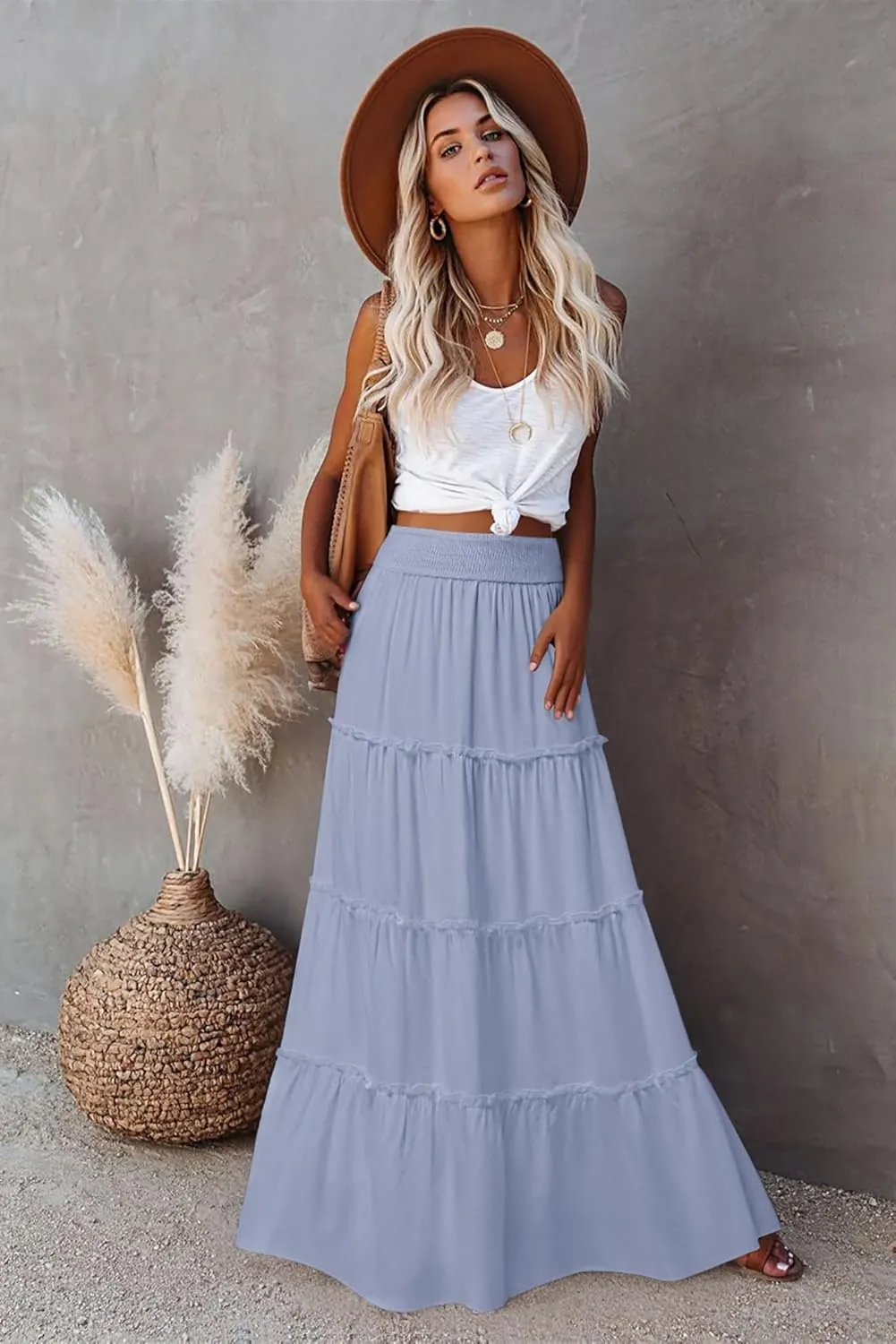 Womens Summer Boho Maxi Skirts Smocked High Wasited Flowy Tiered Ruffle A Line Long Beach Skirt