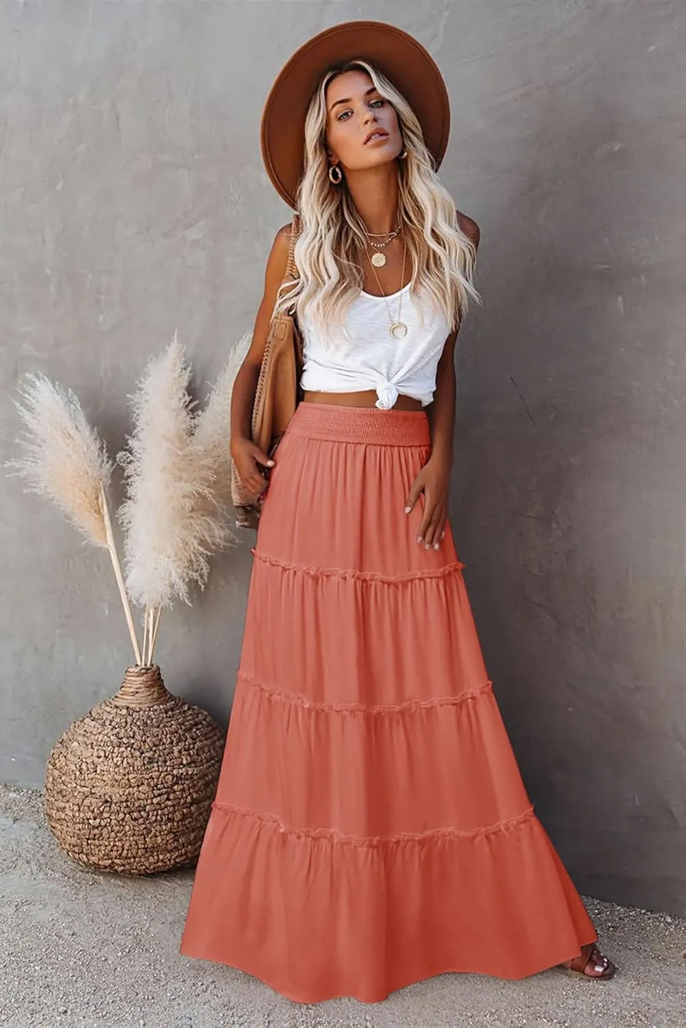 Womens Summer Boho Maxi Skirts Smocked High Wasited Flowy Tiered Ruffle A Line Long Beach Skirt