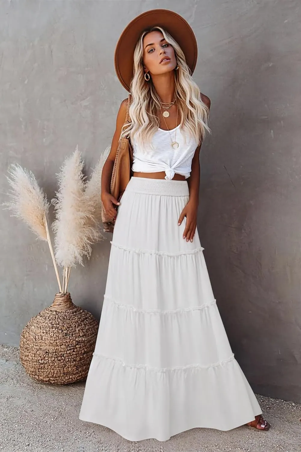 Womens Summer Boho Maxi Skirts Smocked High Wasited Flowy Tiered Ruffle A Line Long Beach Skirt