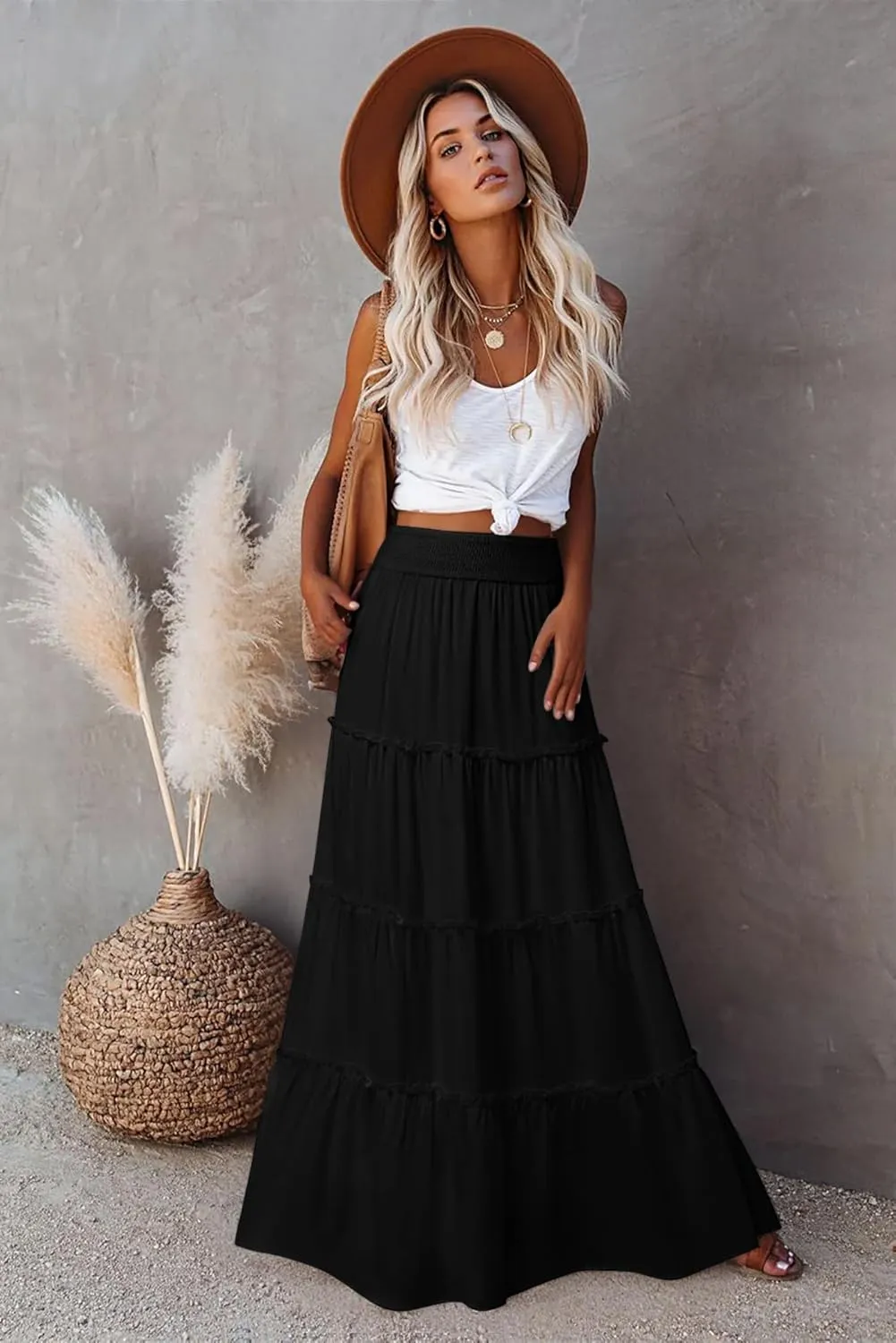 Womens Summer Boho Maxi Skirts Smocked High Wasited Flowy Tiered Ruffle A Line Long Beach Skirt