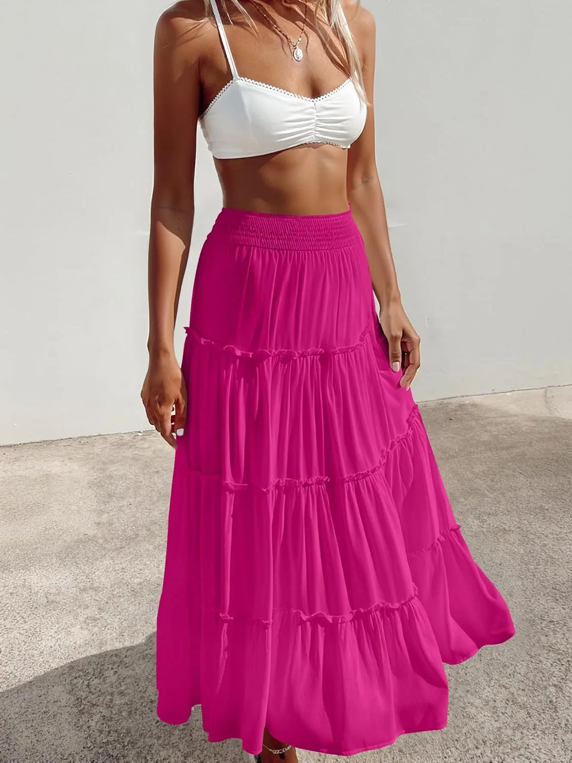 Womens Summer Boho Maxi Skirts Smocked High Wasited Flowy Tiered Ruffle A Line Long Beach Skirt
