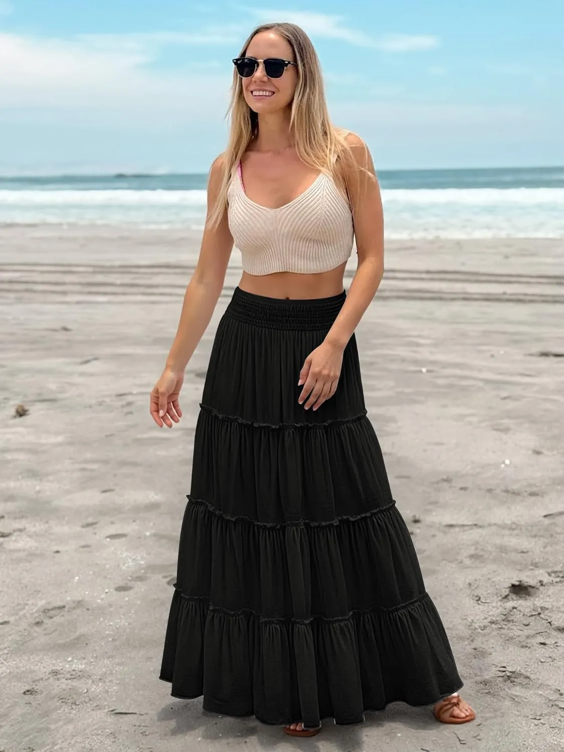 Womens Summer Boho Maxi Skirts Smocked High Wasited Flowy Tiered Ruffle A Line Long Beach Skirt
