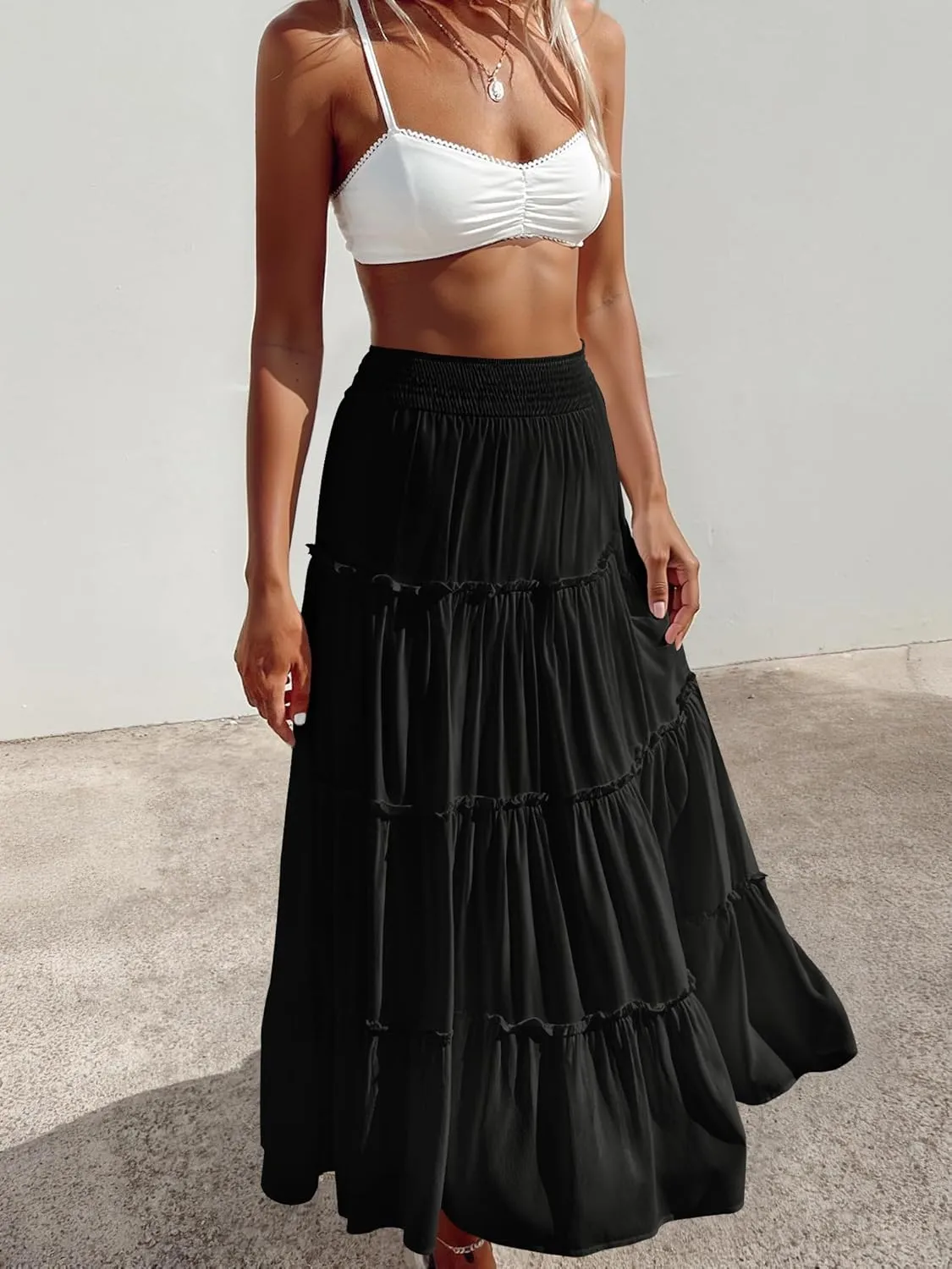 Womens Summer Boho Maxi Skirts Smocked High Wasited Flowy Tiered Ruffle A Line Long Beach Skirt