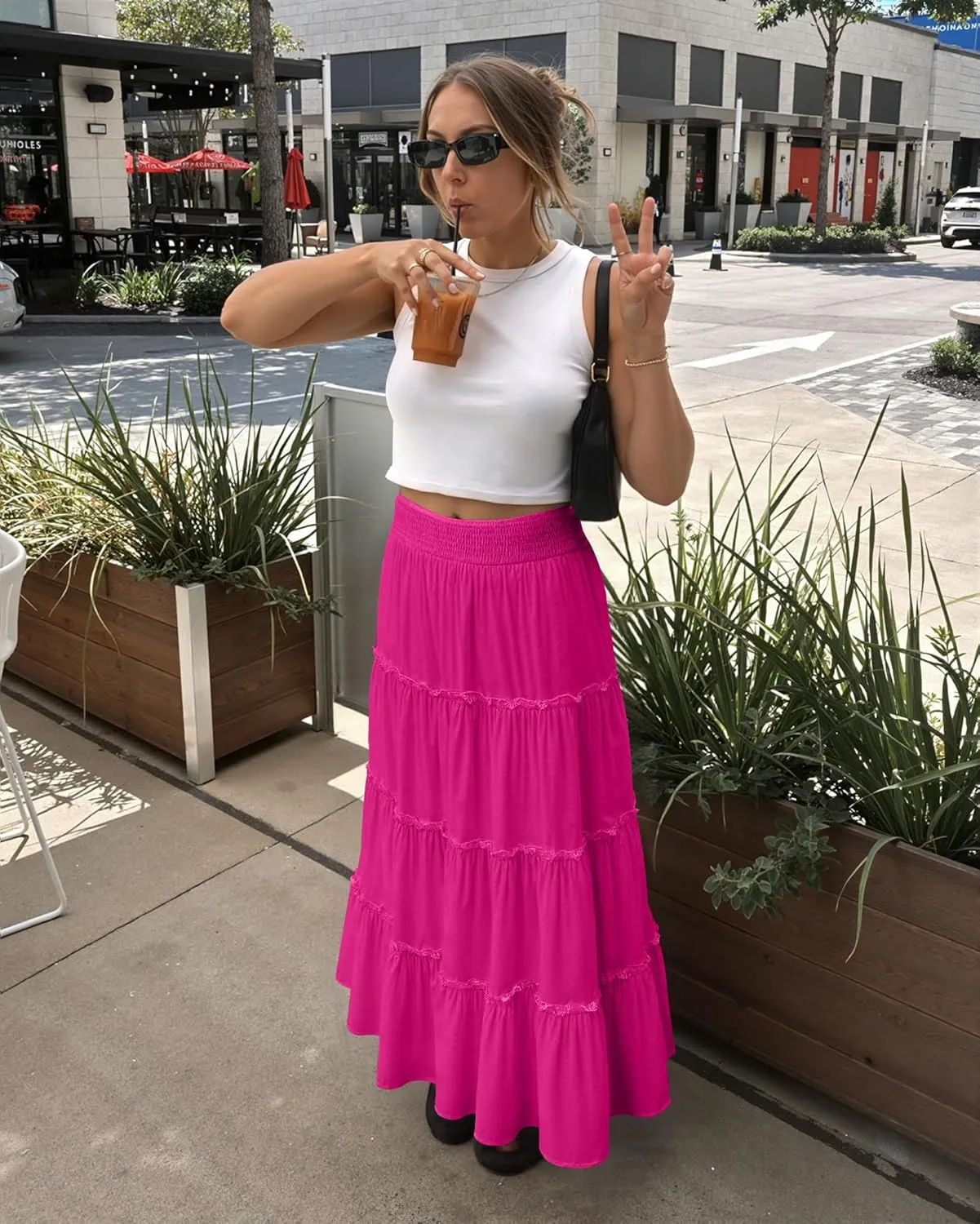 Womens Summer Boho Maxi Skirts Smocked High Wasited Flowy Tiered Ruffle A Line Long Beach Skirt